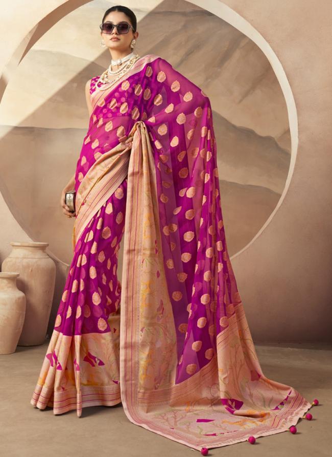 Georgette Rani Ceremonial Wear Weaving  Saree